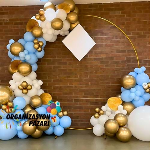 Balon Seti Krom Gold-Makaron Mavi-Beyaz 100 Lü Balon Zinciri Seti