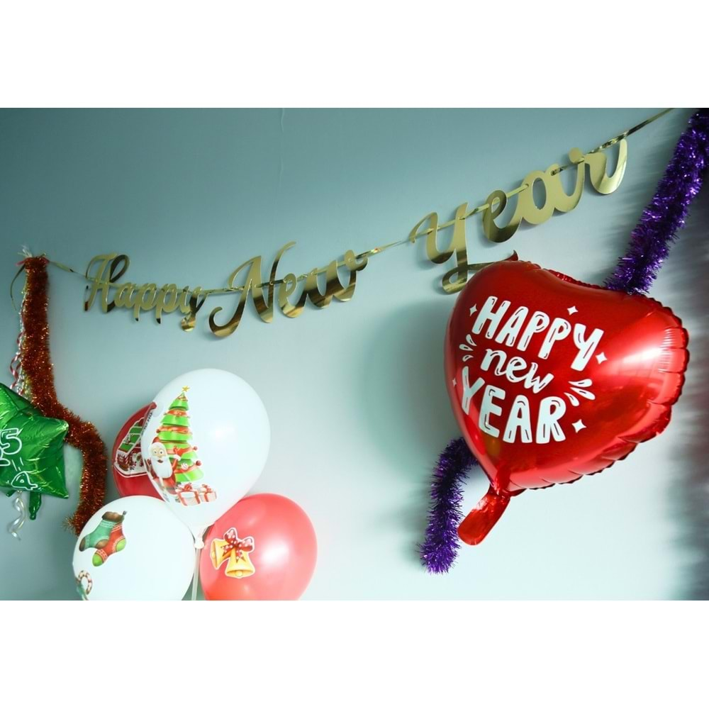 Yılbaşı Parti Süsü -Happy New Year- Yazılı Metalik Gold Banner Duvar Süsü