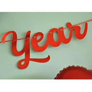 Yılbaşı Parti Süsü -Happy New Year- Yazılı Metalik Kırmızı Banner Duvar Süsü