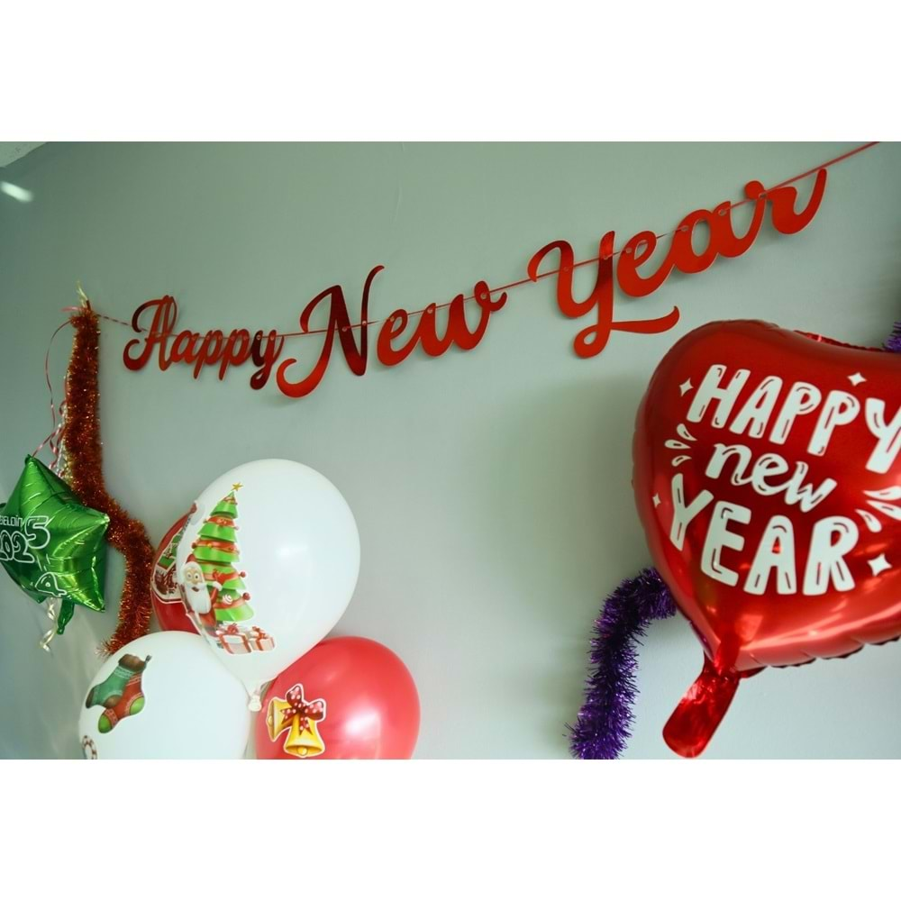 Yılbaşı Parti Süsü -Happy New Year- Yazılı Metalik Kırmızı Banner Duvar Süsü