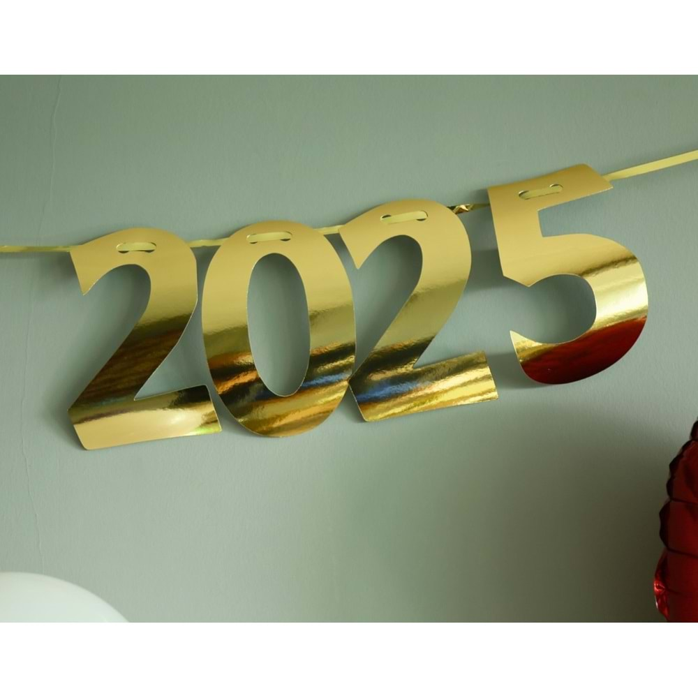 Yılbaşı Parti Süsü -HOŞGELDİN 2025- Yazılı Metalik Gold Banner Duvar Süsü