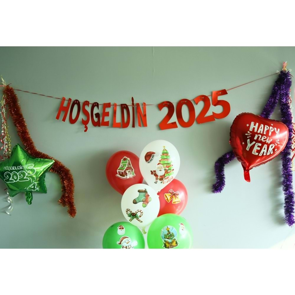 Yılbaşı Parti Süsü -HOŞGELDİN 2025- Yazılı Metalik Kırmızı Banner Duvar Süsü