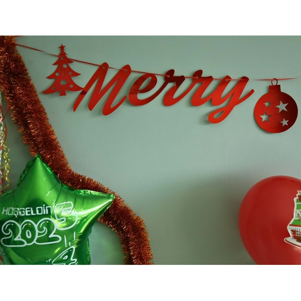 Yılbaşı Parti Süsü -Merry Chrıstmas- Yazılı Metalik Kırmızı Banner Duvar Süsü