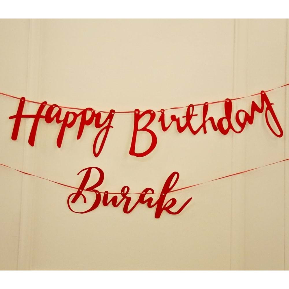 Kişiye Özel Simli Kırmızı Renkli Happy Birthday El Yazısı Banner