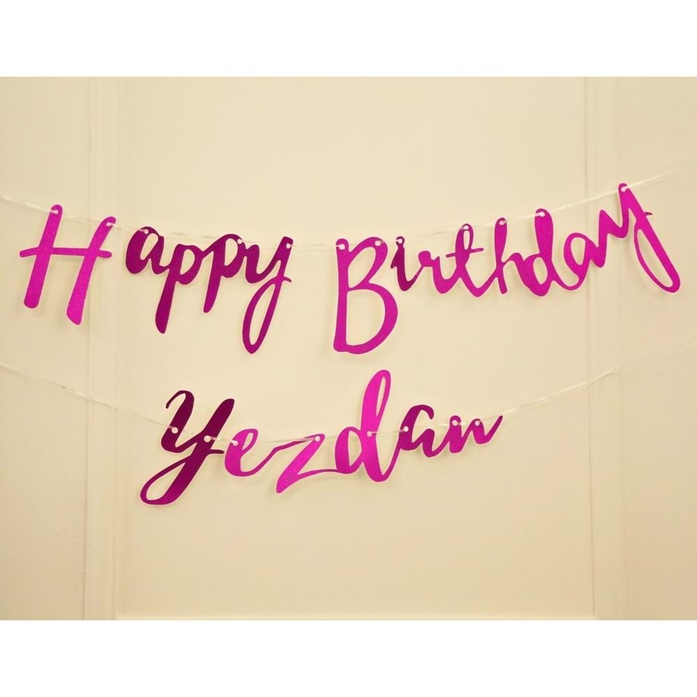Kişiye Özel Simli Pembe Renkli Happy Birthday El Yazısı Banner