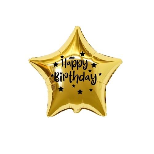 18 inç Gold Renk Taç - Yıldız Figürlü Happy Birthday Temalı Yıldız Folyo Balon