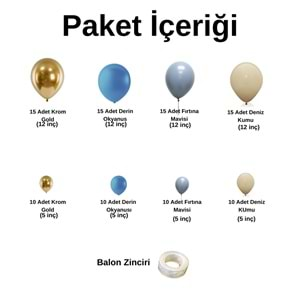 Balon Seti Krom Gold-Derin Okyanus-Fırtına Mavisi-Deniz Kumu 100 Lü Balon Zinciri Seti