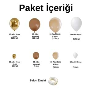 Balon Seti Karamel-Krom Gold-Sütlü Kahve-Pastel Beyaz 100 Lü Balon Zinciri Seti