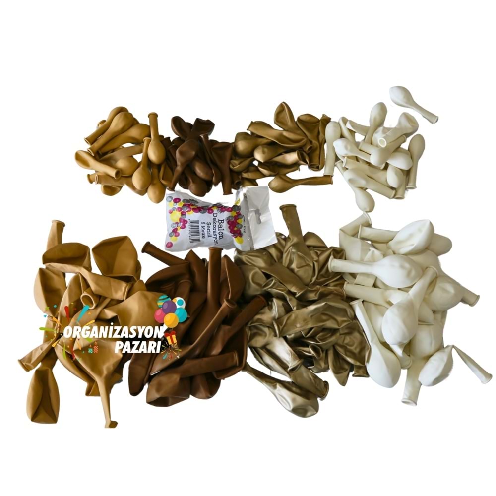 Balon Seti Karamel-Krom Gold-Sütlü Kahve-Pastel Beyaz 100 Lü Balon Zinciri Seti