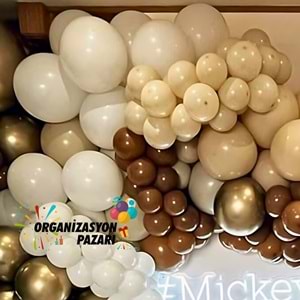 Balon Seti Karamel-Krom Gold-Sütlü Kahve-Pastel Beyaz 100 Lü Balon Zinciri Seti