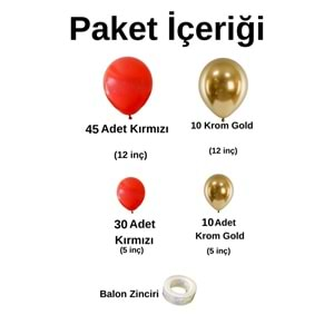 Balon Seti Kırmızı-Krom Gold 100 Lü Balon Zinciri Seti