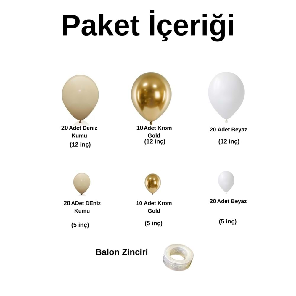 Balon Seti Krom Gold-Deniz Kumu-Beyaz 100 Lü Balon Zinciri Seti