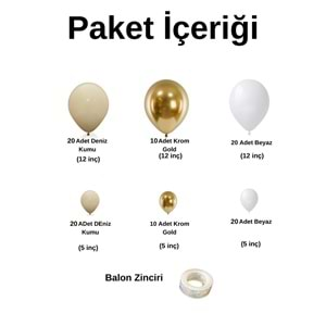 Balon Seti Krom Gold-Deniz Kumu-Beyaz 100 Lü Balon Zinciri Seti