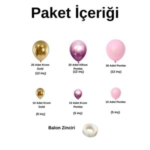 Balon Seti Krom Gold-Krom Pembe-Pastel Pembe 100 Lü Balon Zinciri Seti