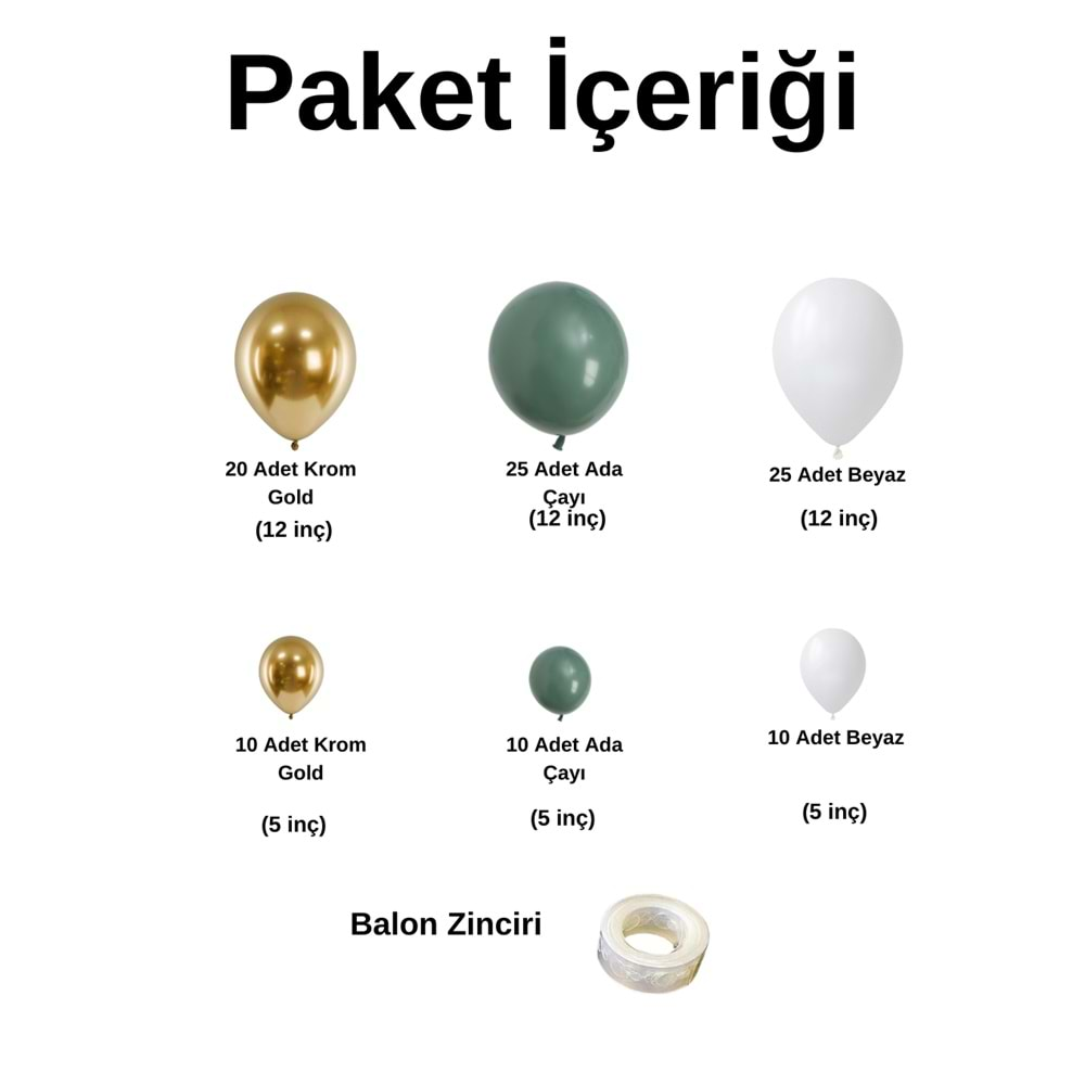 Balon Seti Krom Gold-Ada Çayı-Pastel Beyaz 100 Lü Balon Zinciri Seti