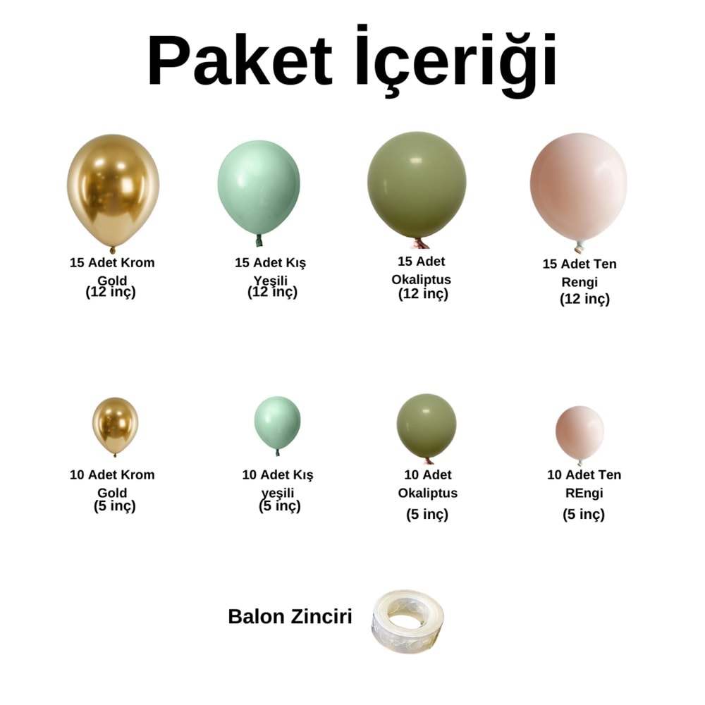 Balon Seti Krom Gold-Kış Yeşili-Okaliptus-Ten Rengi 100 Lü Balon Zinciri Seti