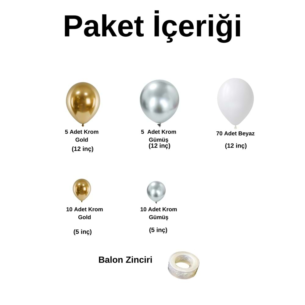 Balon Seti Krom Gümüş-Krom Gold-Pastel Beyaz 100 Lü Balon Zinciri Seti