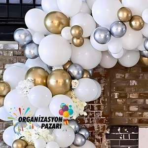 Balon Seti Krom Gümüş-Krom Gold-Pastel Beyaz 100 Lü Balon Zinciri Seti