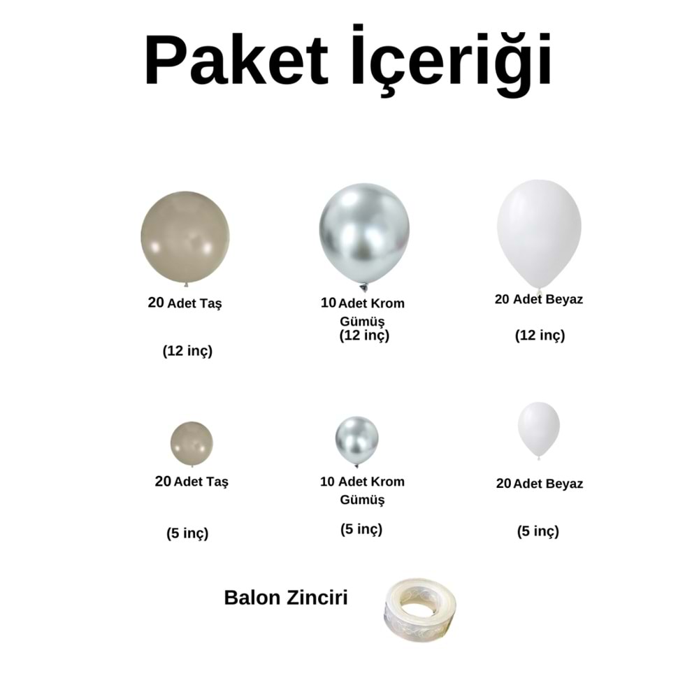 Balon Seti Krom Gümüş-Duman-Pastel Beyaz 100 Lü Balon Zinciri Seti
