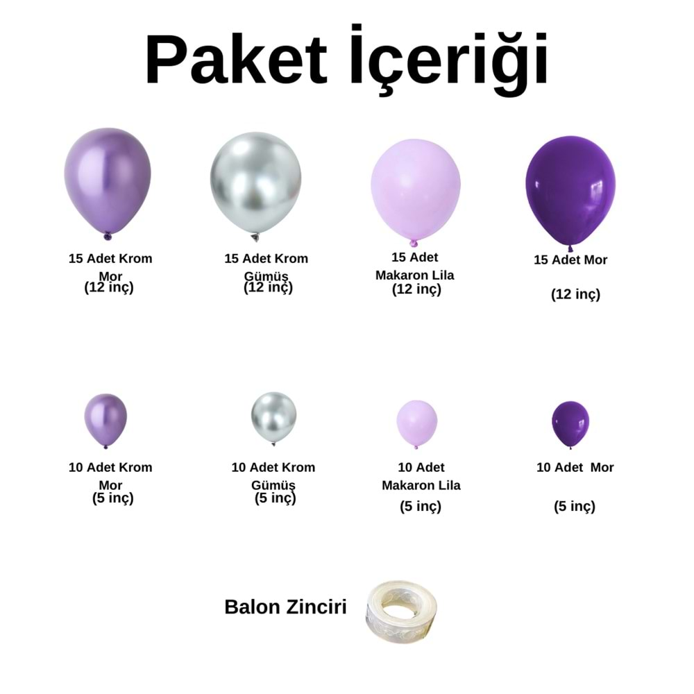 Balon Seti Krom Mor-Krom Gümüş-Makaron Lila-Mor 100 Lü Balon Zinciri Seti