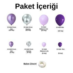 Balon Seti Krom Mor-Krom Gümüş-Makaron Lila-Mor 100 Lü Balon Zinciri Seti