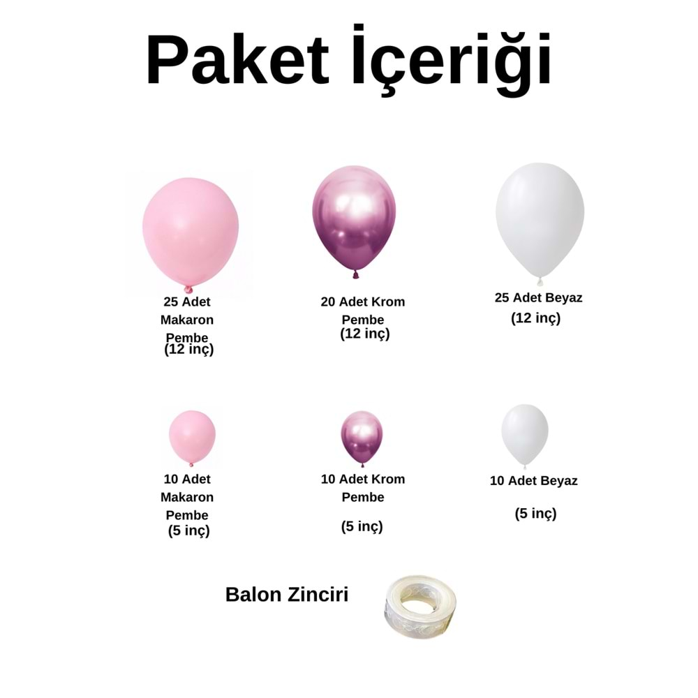 Balon Seti Makaron Pembe-Krom Pembe-Pastel Beyaz 100 Lü Balon Zinciri Seti