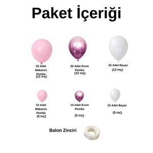 Balon Seti Makaron Pembe-Krom Pembe-Pastel Beyaz 100 Lü Balon Zinciri Seti