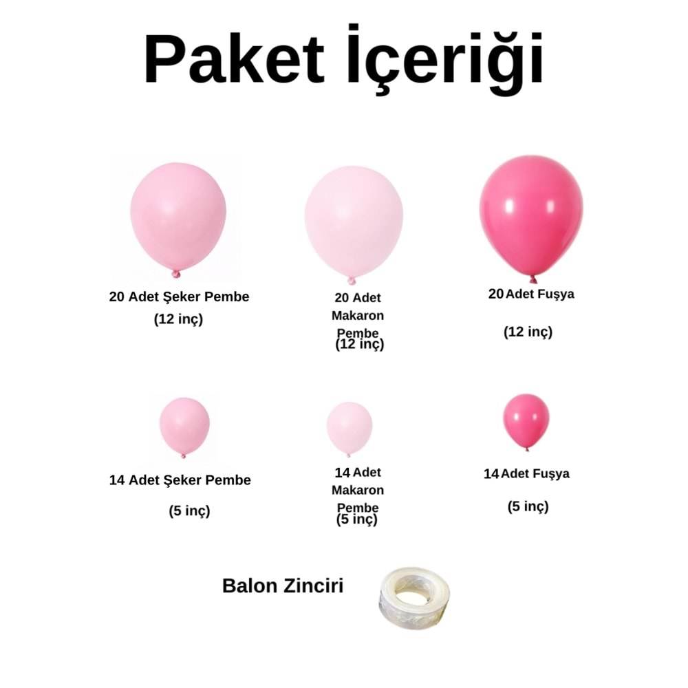 Balon Seti Pastel Fuşya-Şeker Pembe-Makaron Pembe 100 Lü Balon Zinciri Seti