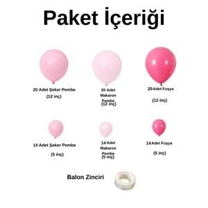 Balon Seti Pastel Fuşya-Şeker Pembe-Makaron Pembe 100 Lü Balon Zinciri Seti