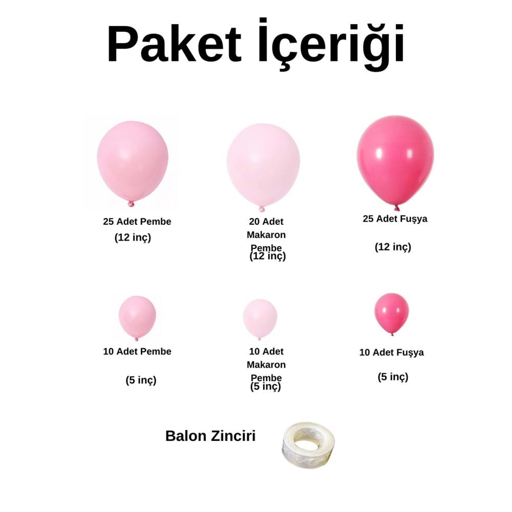 Zincir Balon Seti Fuşya-Pastel Pembe-Makaron Pembe 3 Renk 100 Adet + Balon Şeridi