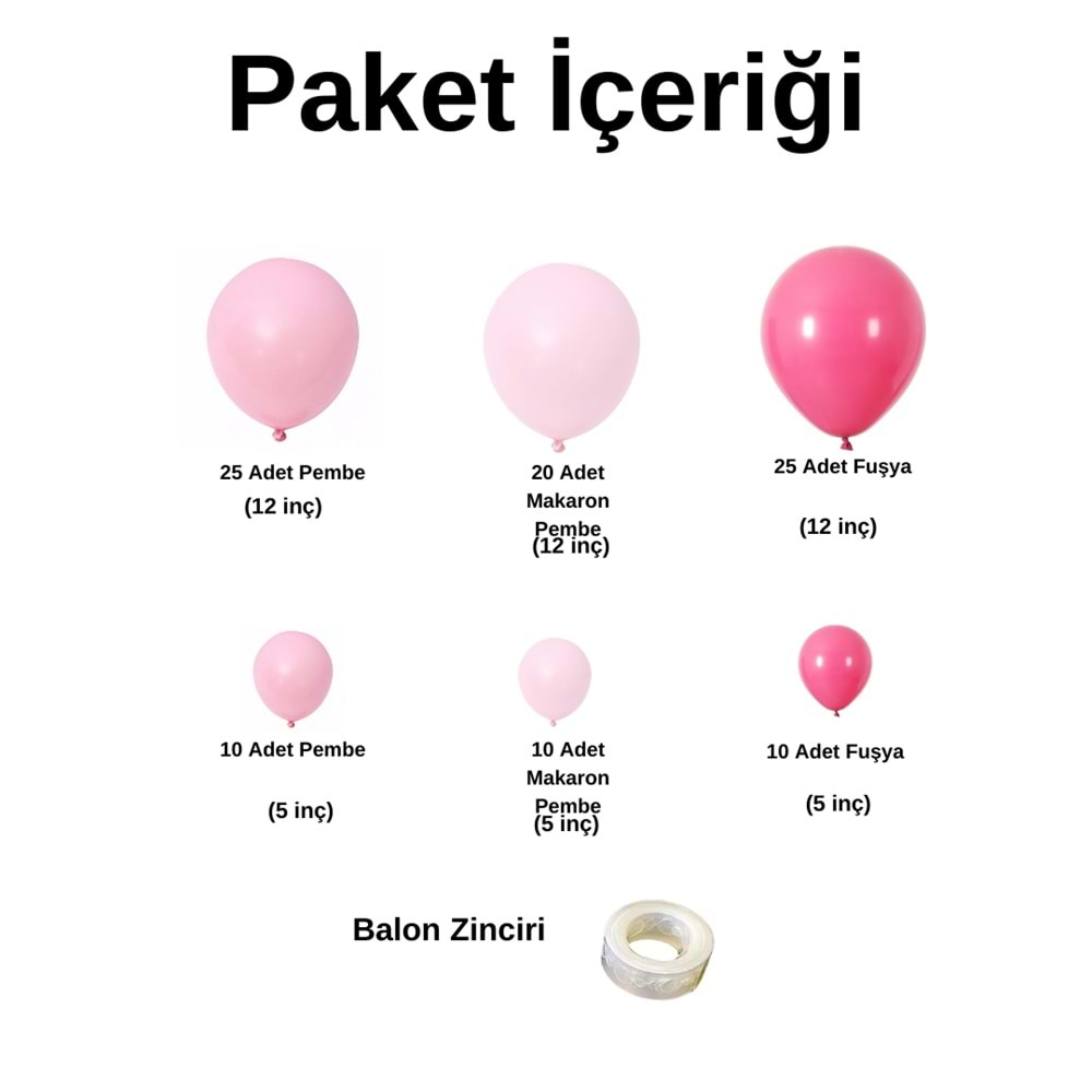 Balon Seti Pastel Fuşya-Şeker Pembe-Makaron Pembe 100 Lü Balon Zinciri Seti