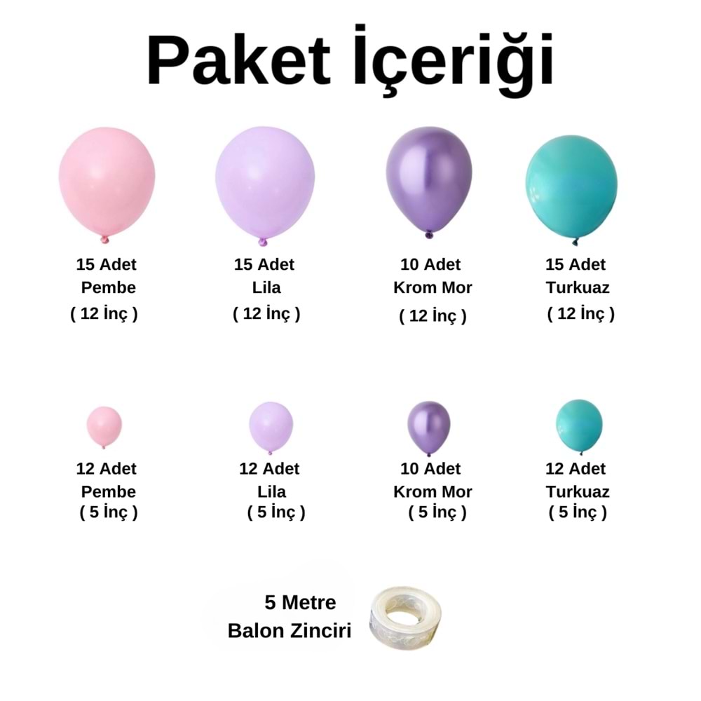 Balon Seti Pembe-Lila-Turkuaz-Krom Mor 100 Lü Balon Zinciri Seti