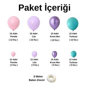 Balon Seti Pembe-Lila-Turkuaz-Krom Mor 100 Lü Balon Zinciri Seti