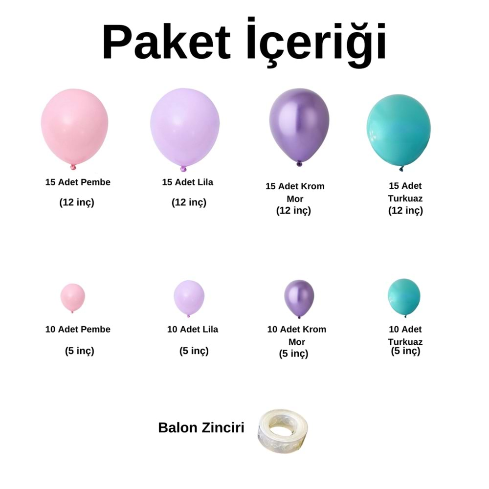 Balon Seti Pembe-Lila-Turkuaz-Krom Mor 100 Lü Balon Zinciri Seti