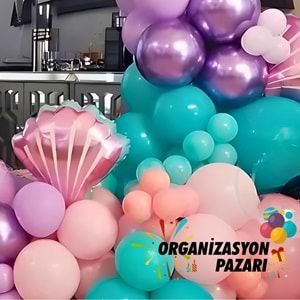 Balon Seti Pembe-Lila-Turkuaz-Krom Mor 100 Lü Balon Zinciri Seti