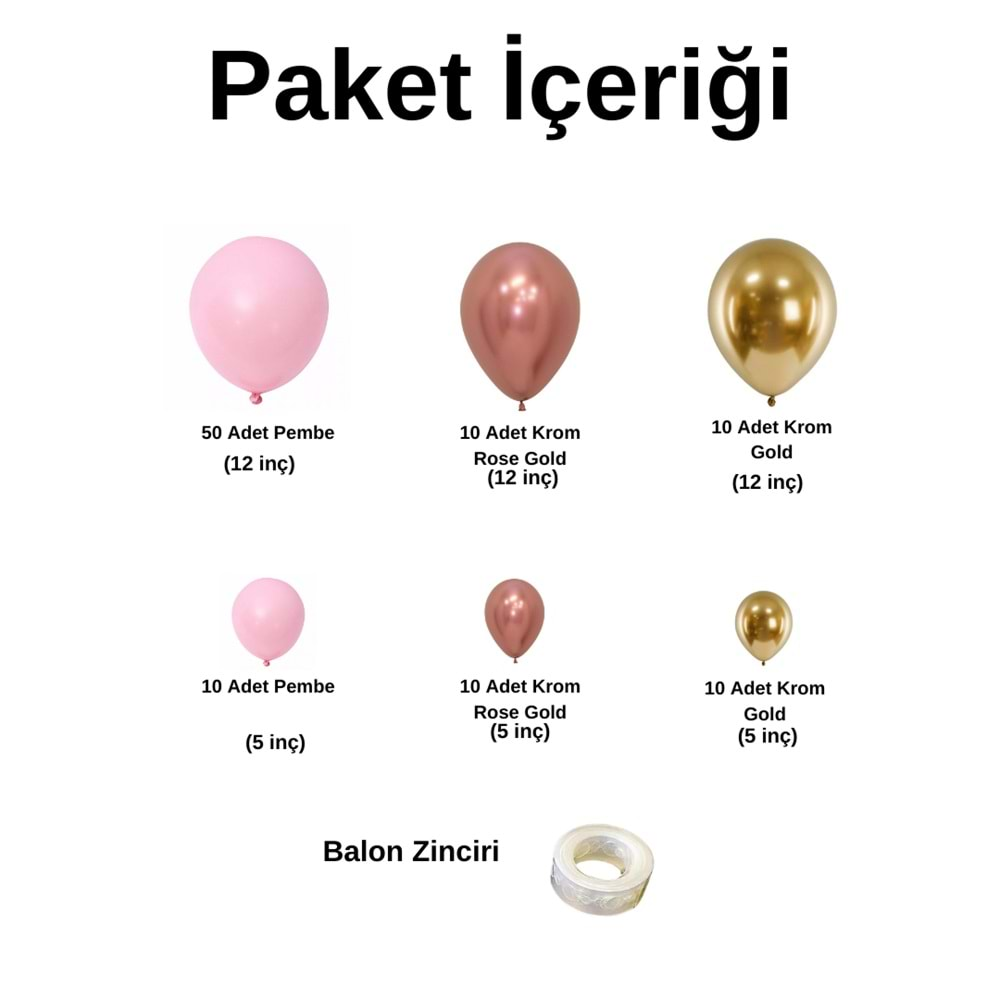 Balon Seti Pembe-Krom Rose Gold-Krom Gold 100 Lü Balon Zinciri Seti