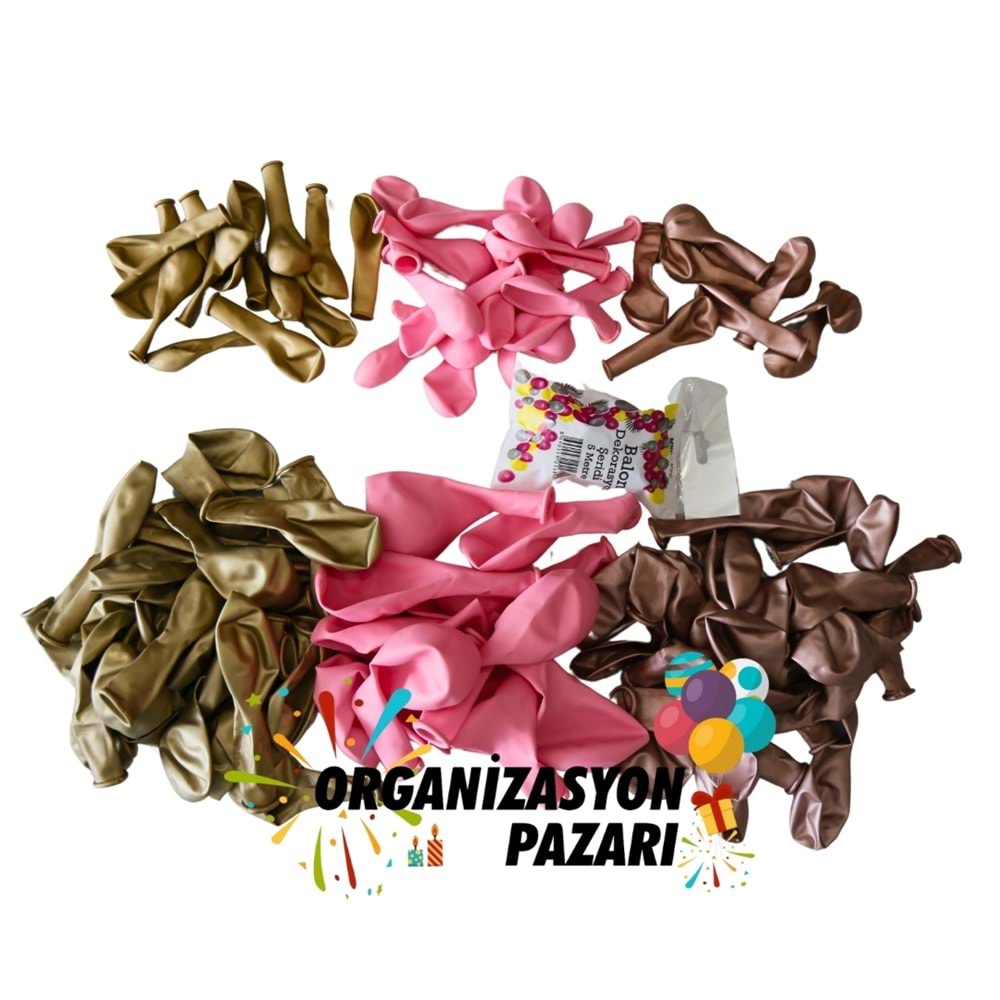 Balon Seti Pembe-Krom Rose Gold-Krom Gold 100 Lü Balon Zinciri Seti