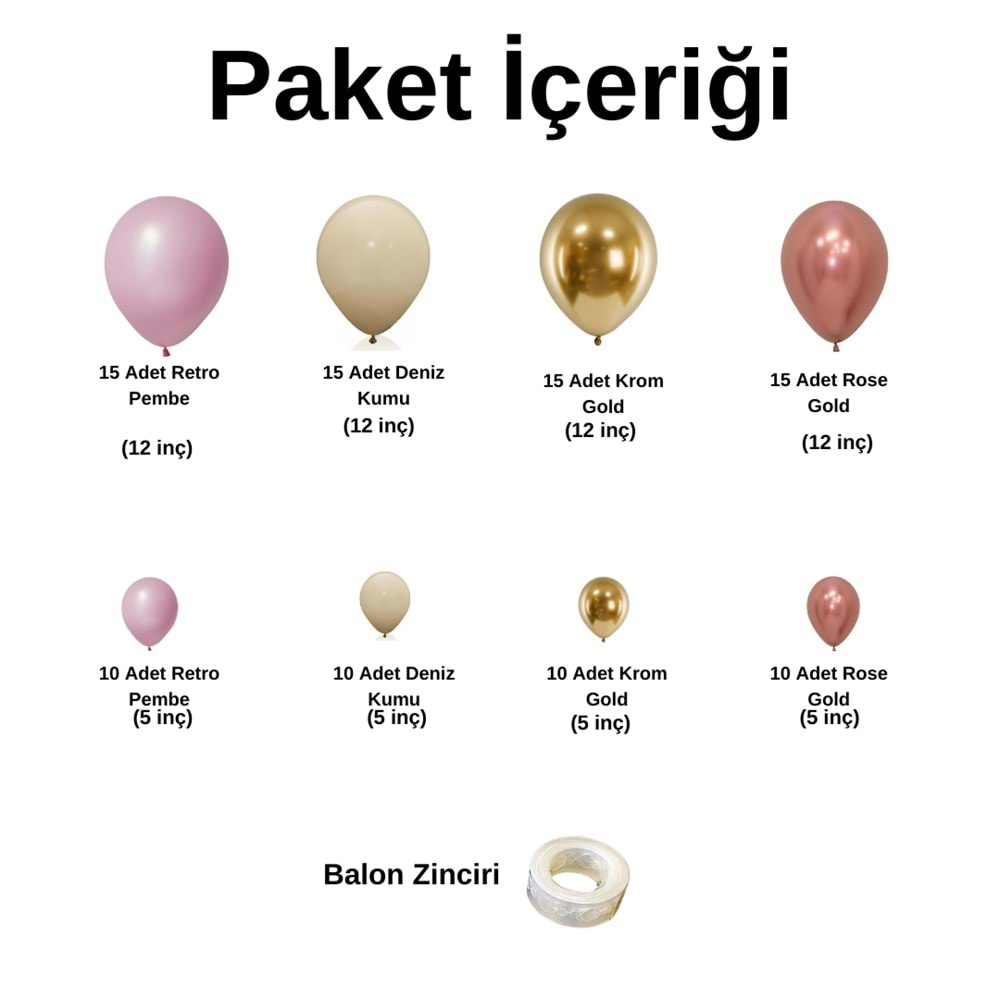 Balon Seti Pink Blush-Deniz Kumu-Krom Rose Gold-Krom Gold 100 Lü Balon Zinciri Seti