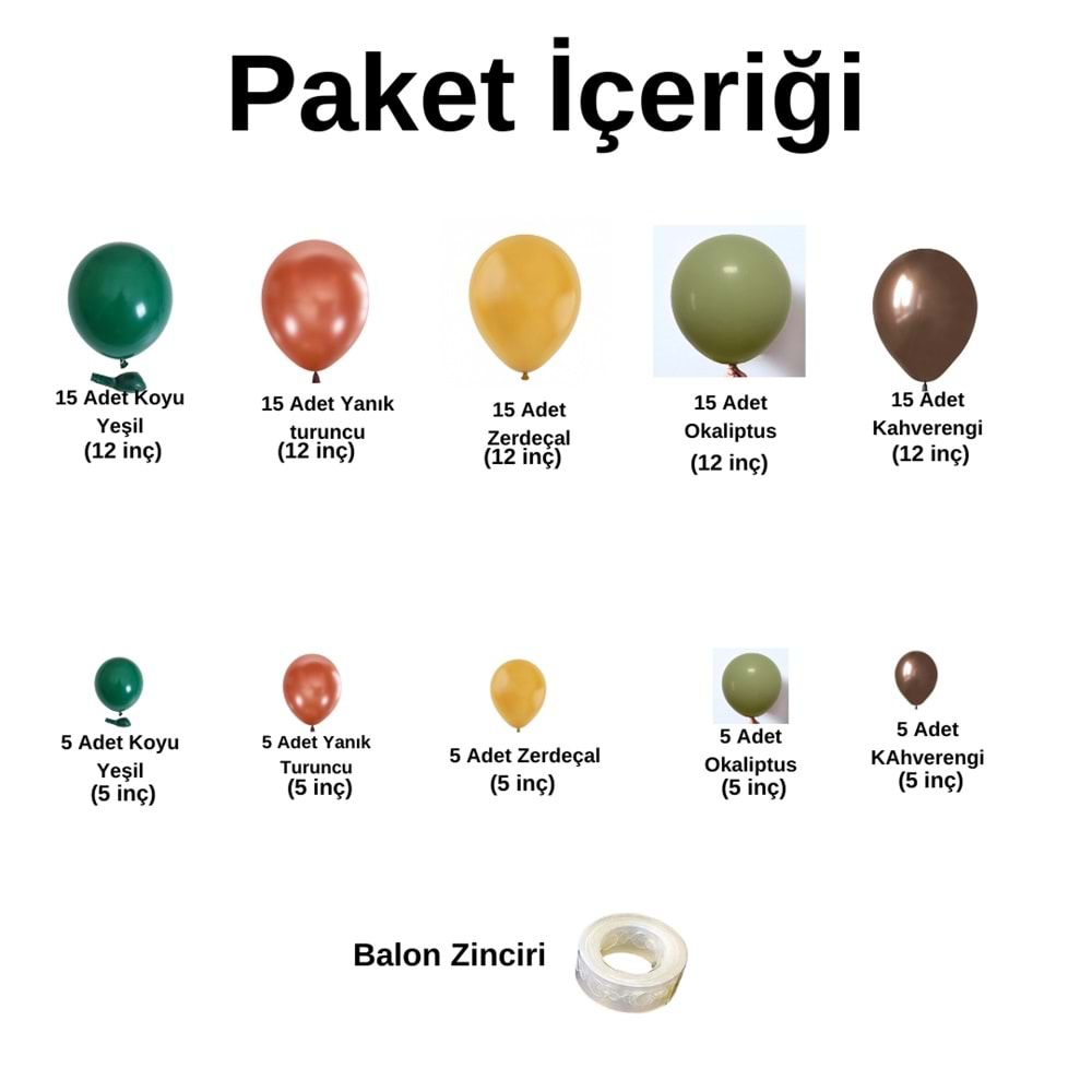 Balon Seti Koyu Yeşil-Yanık Turuncu-Zerdeçal-Okaliptus-Kahverengi 100 Lü Balon Zinciri Seti