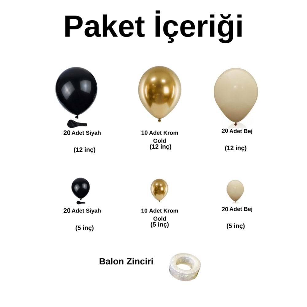 Balon Seti Siyah-Deniz Kumu-Krom Gold 100 Lü Balon Zinciri Seti