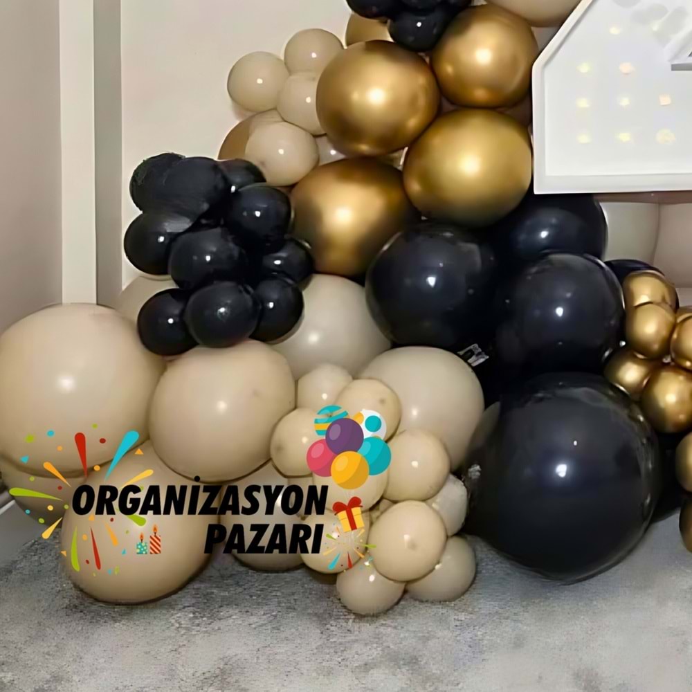 Balon Seti Siyah-Deniz Kumu-Krom Gold 100 Lü Balon Zinciri Seti