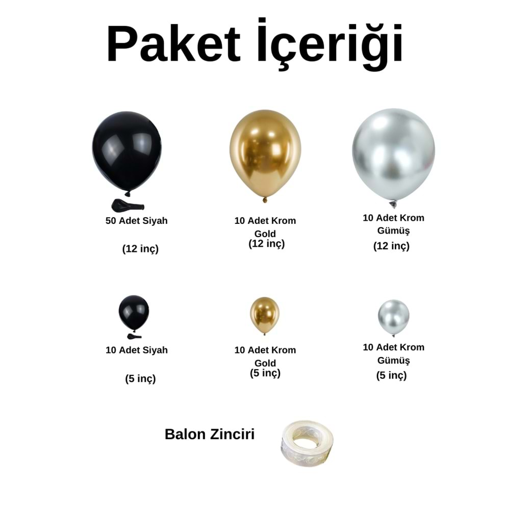 Balon Seti Siyah-Krom Gold-Krom Gümüş 100 Lü Balon Zinciri Seti