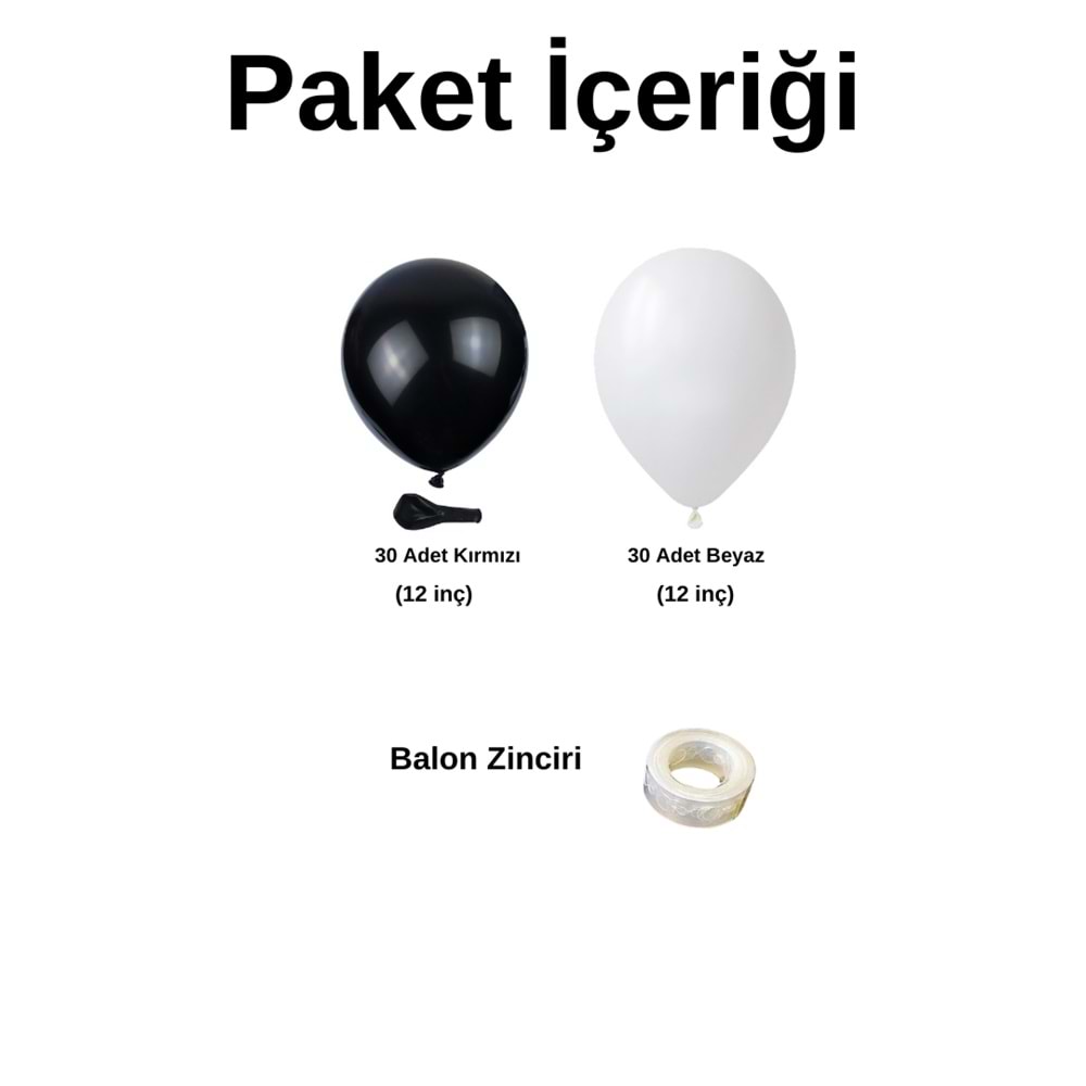 Zincir Balon Seti Siyah-Beyaz 2 Renk 60 Adet +1 Adet Balon Şeridi