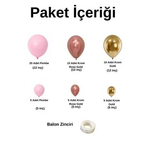 Balon Seti Pembe-Krom Rose Gold-Krom Gold 60 Lı Balon Zinciri Seti