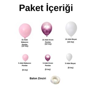 Balon Seti Makaron Pembe-Krom Pembe-Pastel Beyaz 60 Lı Balon Zinciri Seti