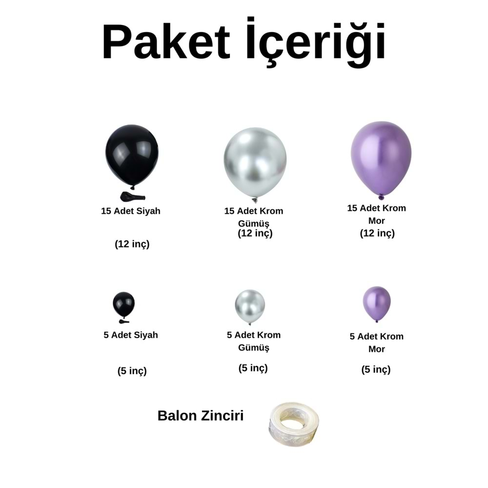 Balon Seti Krom Gümüş-Krom Mor-Siyah 60 Lı Balon Zinciri Seti