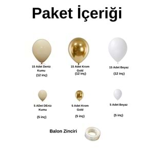 Balon Seti Krom Gold-Deniz Kumu-Beyaz 60 Lı Balon Zinciri Seti