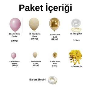 Balon Seti Pink Blush-Deniz Kumu-Krom Gold-Şeffaf 60 Lı Balon Zinciri Seti +10GrGoldPul