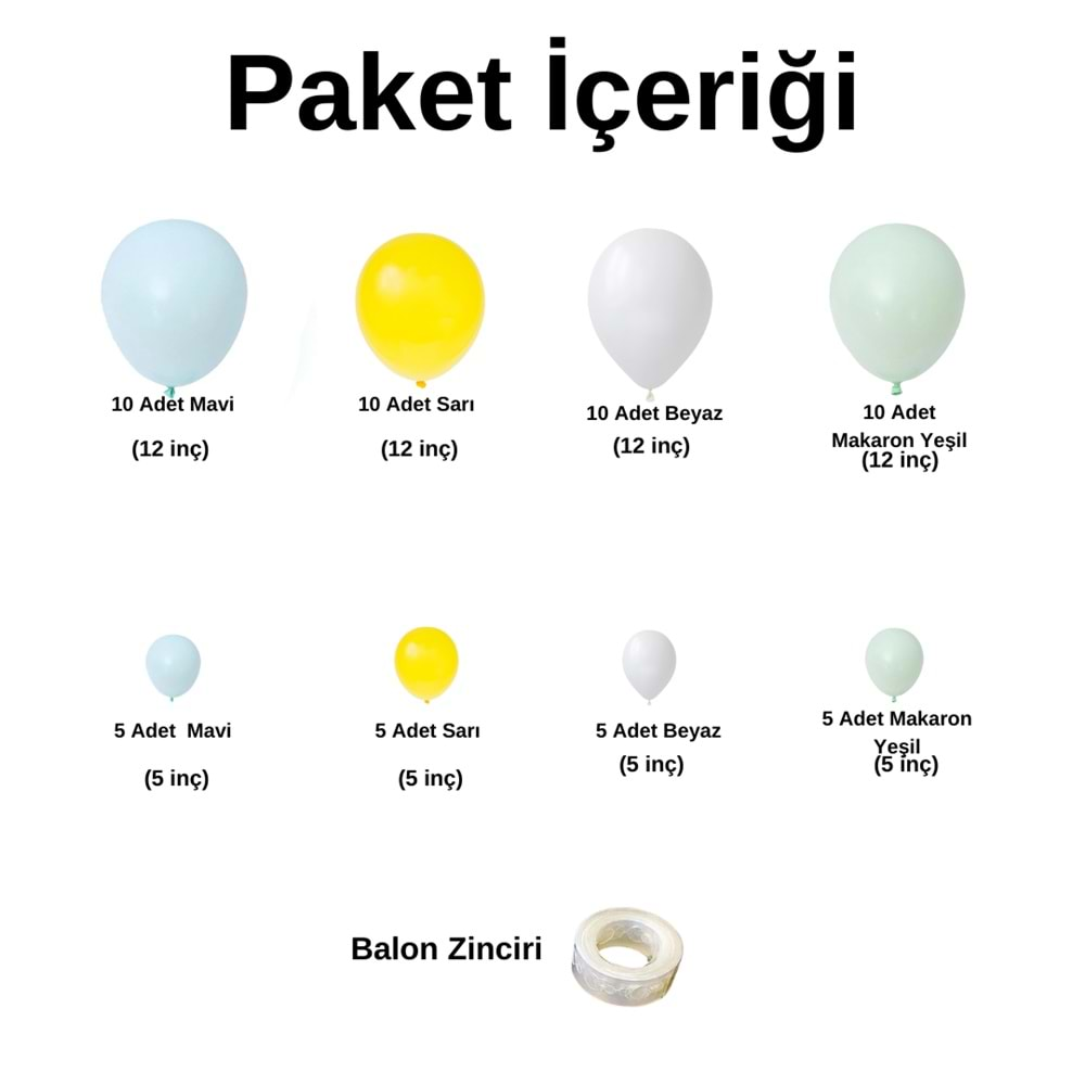 Zincir Balon Seti Mavi-Sarı-Beyaz-Makaron Yeşil 4 Renk 60 Adet +1 Adet Balon Şeridi