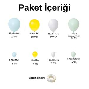 Zincir Balon Seti Mavi-Sarı-Beyaz-Makaron Yeşil 4 Renk 60 Adet +1 Adet Balon Şeridi